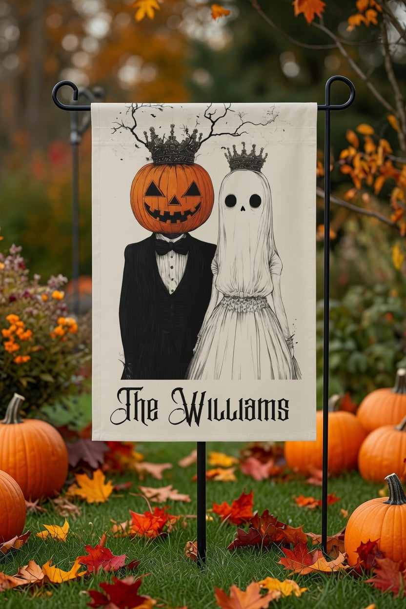 Halloween Couple Garden Flag | Custom Family Name Pumpkin Ghost Crown Yard Flag