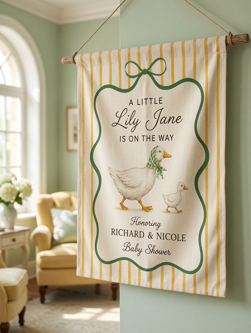 Personalized Goose Baby Shower Garden Flag, A Little Baby Is On The Way Yard Sign, Yellow Stripe Garden Party Decor