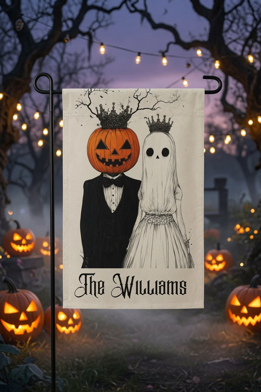 Halloween Couple Garden Flag | Custom Family Name Pumpkin Ghost Crown Yard Flag