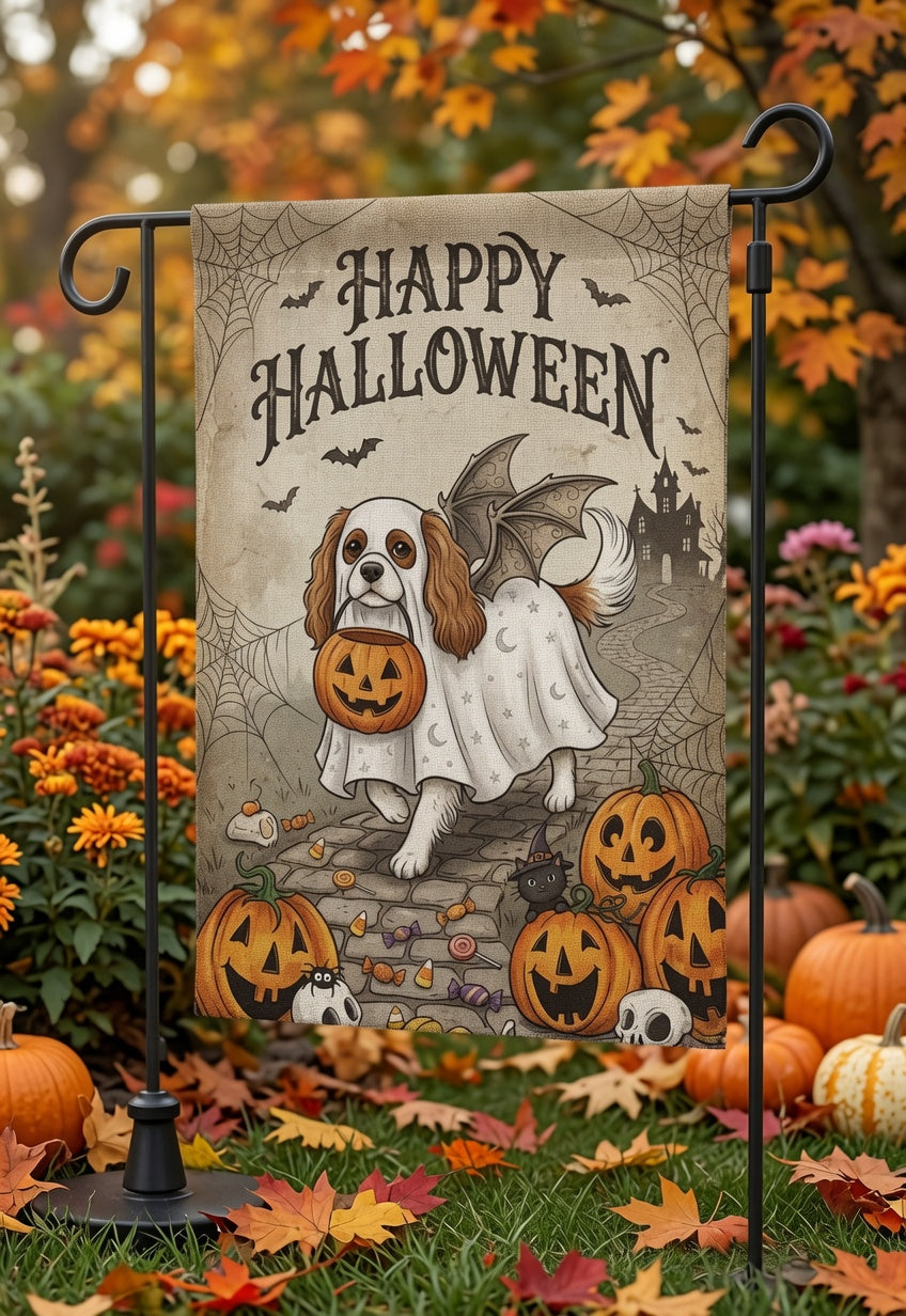 Happy Halloween Dog Garden Flag, Cute Ghost Pup Yard Flag