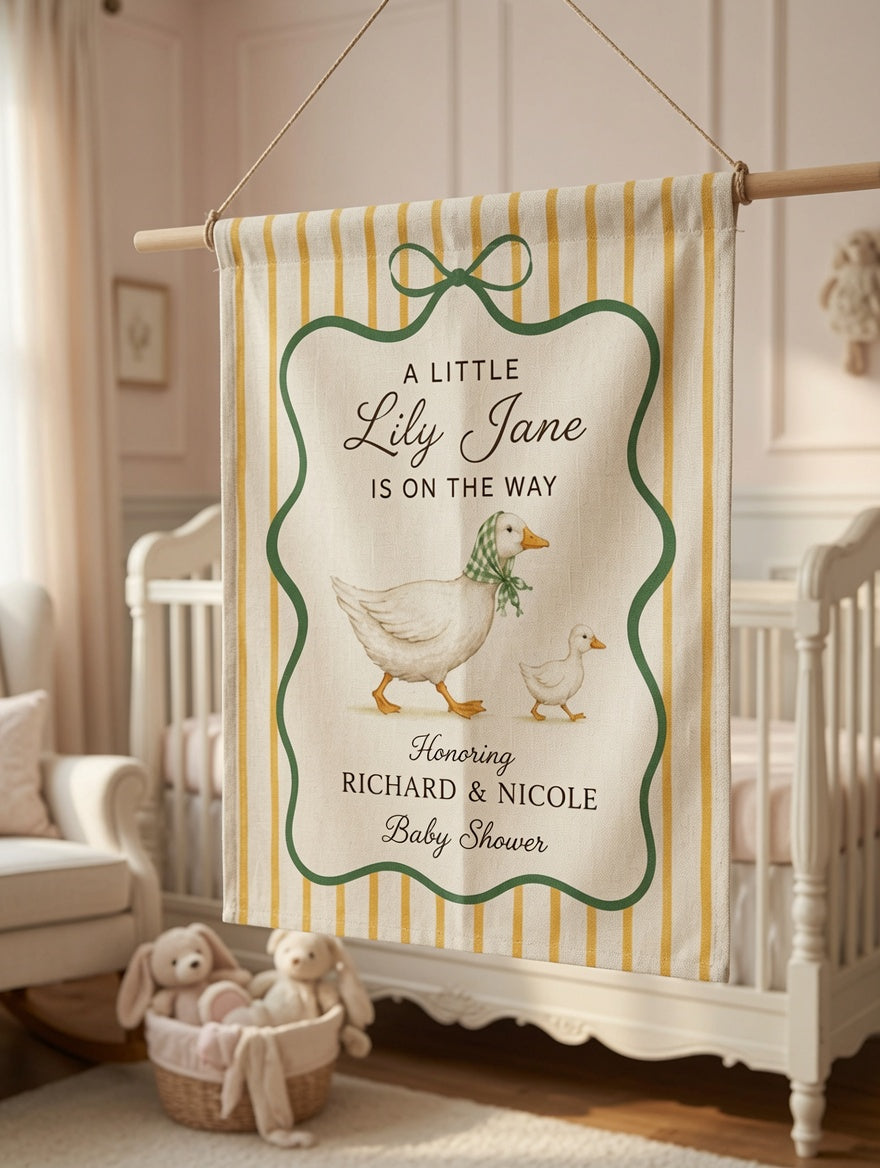 Personalized Goose Baby Shower Garden Flag, A Little Baby Is On The Way Yard Sign, Yellow Stripe Garden Party Decor