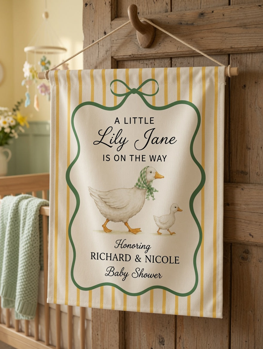 Personalized Goose Baby Shower Garden Flag, A Little Baby Is On The Way Yard Sign, Yellow Stripe Garden Party Decor