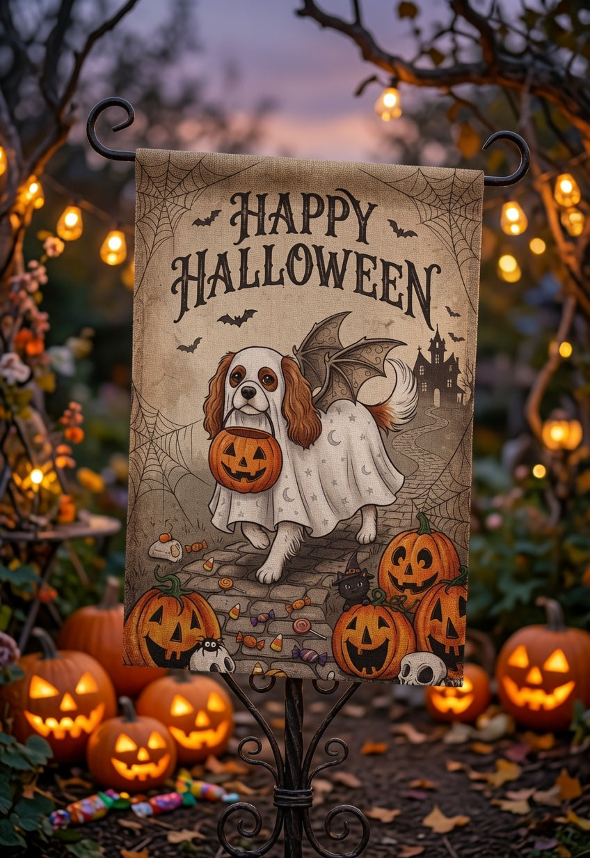 Happy Halloween Dog Garden Flag, Cute Ghost Pup Yard Flag