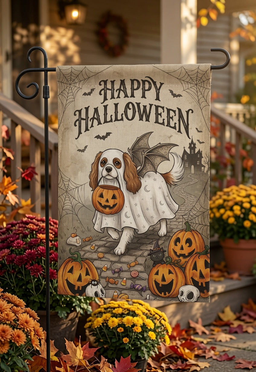 Happy Halloween Dog Garden Flag, Cute Ghost Pup Yard Flag