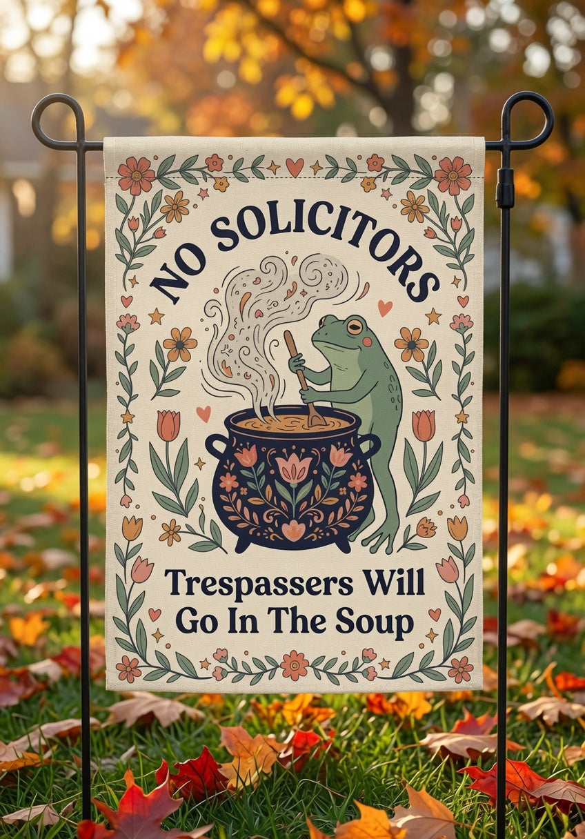 Funny No Solicitors Garden Flag: Frog Witch Cottagecore Yard Decor