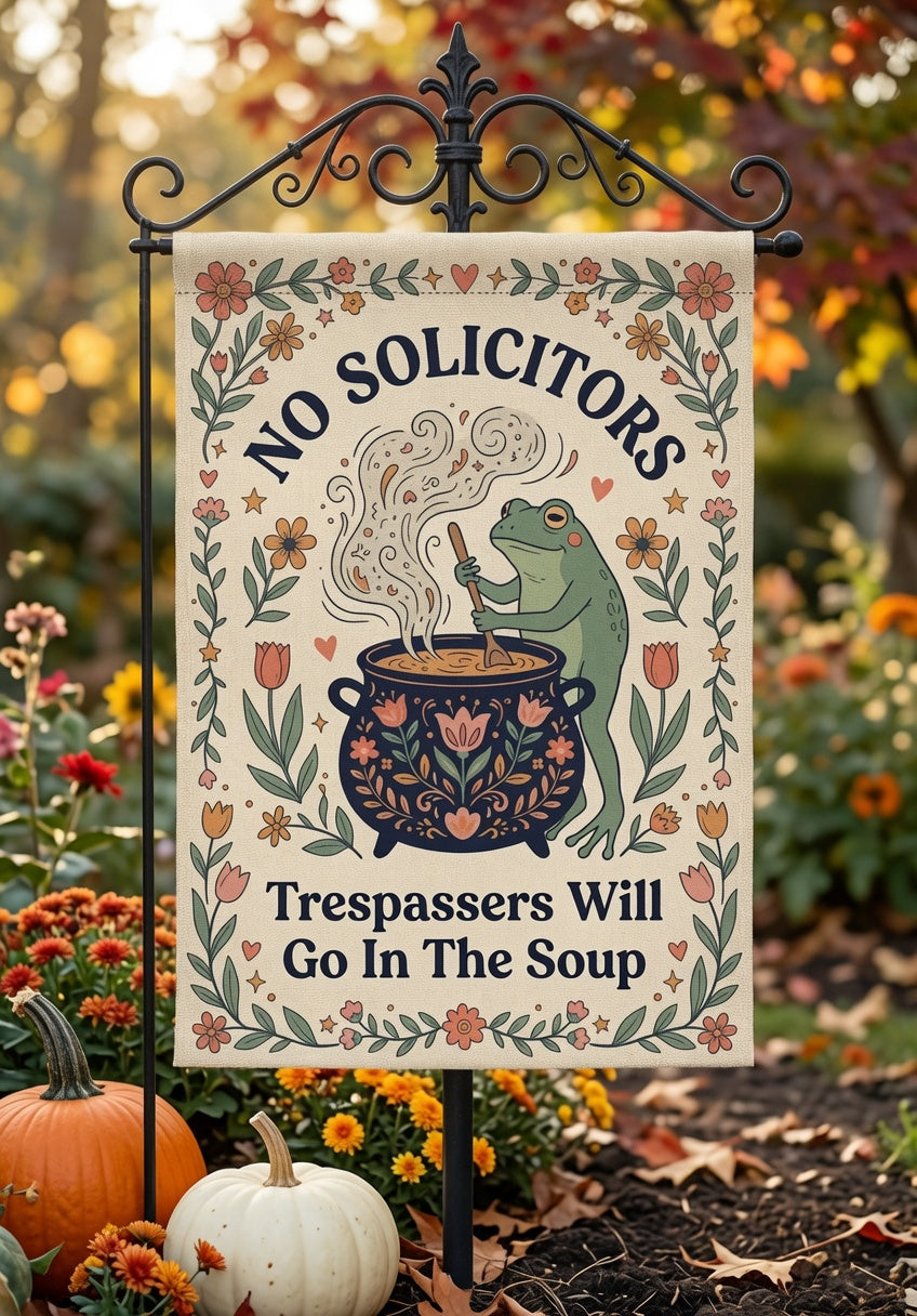 Funny No Solicitors Garden Flag: Frog Witch Cottagecore Yard Decor