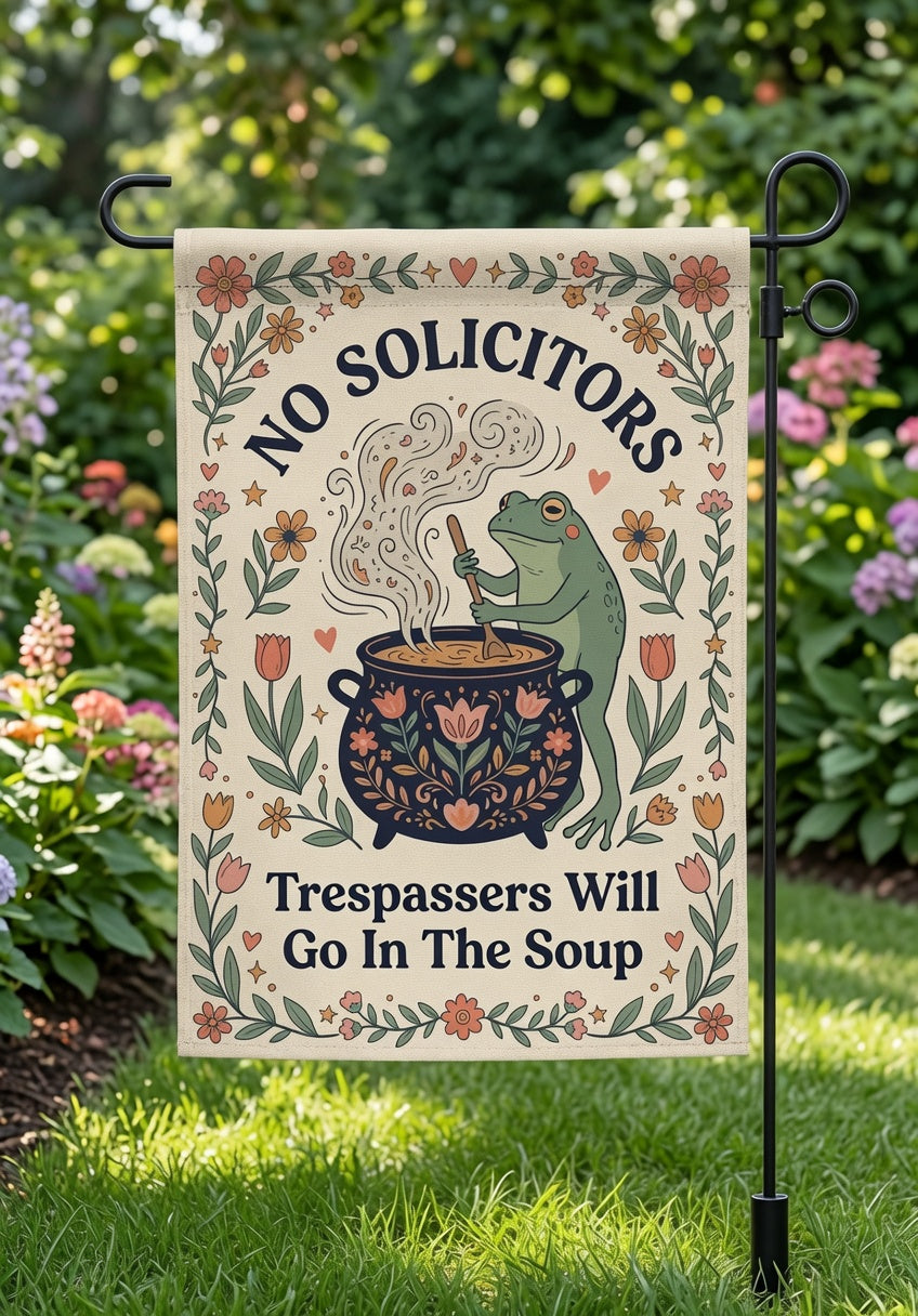 Funny No Solicitors Garden Flag: Frog Witch Cottagecore Yard Decor