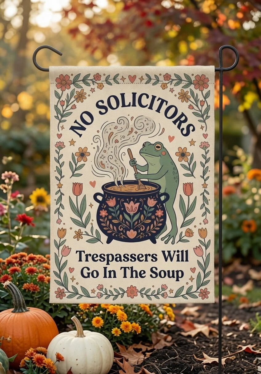 Funny No Solicitors Garden Flag: Frog Witch Cottagecore Yard Decor