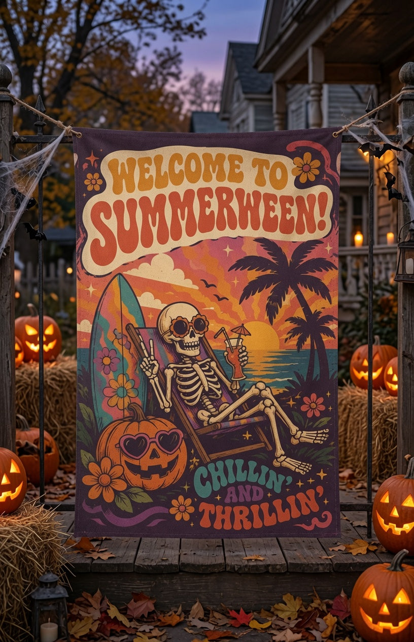 Summerween Garden Flag, Skeleton Halloween Beach Flag, Tropical Halloween Decor, Spooky Summer Yard Flag, Pumpkin Flag