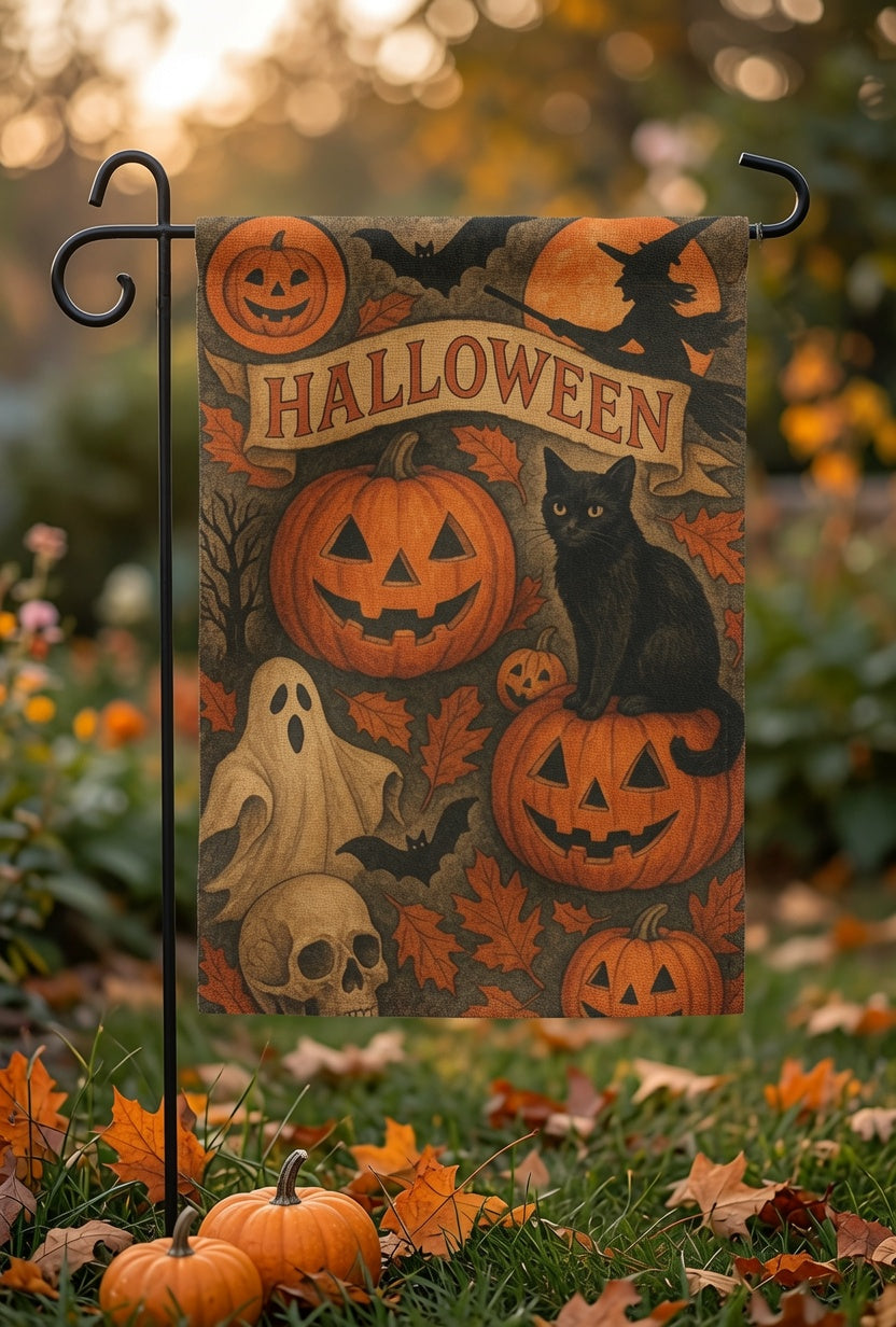 Halloween Garden Flag, Fall Season Outdoor Decor, Black Cat Pumpkin Garden Flag