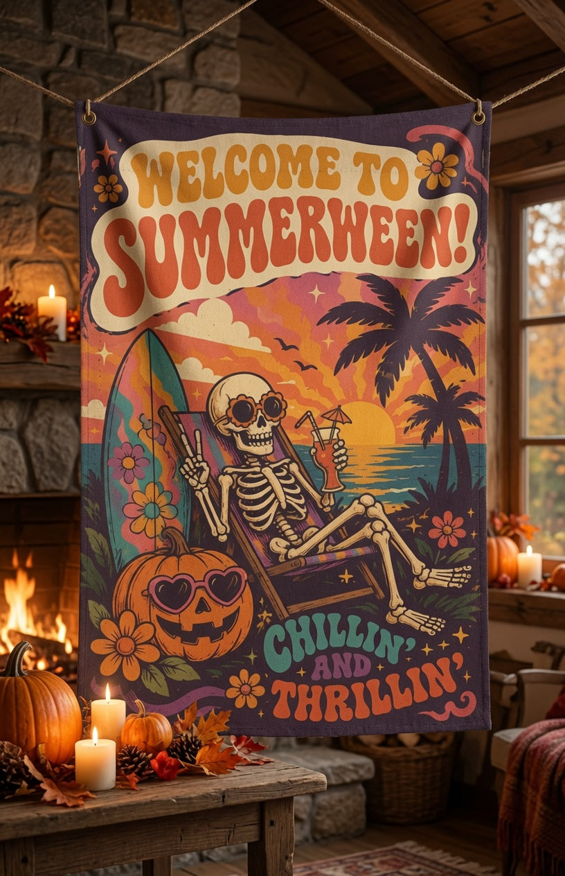 Summerween Garden Flag, Skeleton Halloween Beach Flag, Tropical Halloween Decor, Spooky Summer Yard Flag, Pumpkin Flag