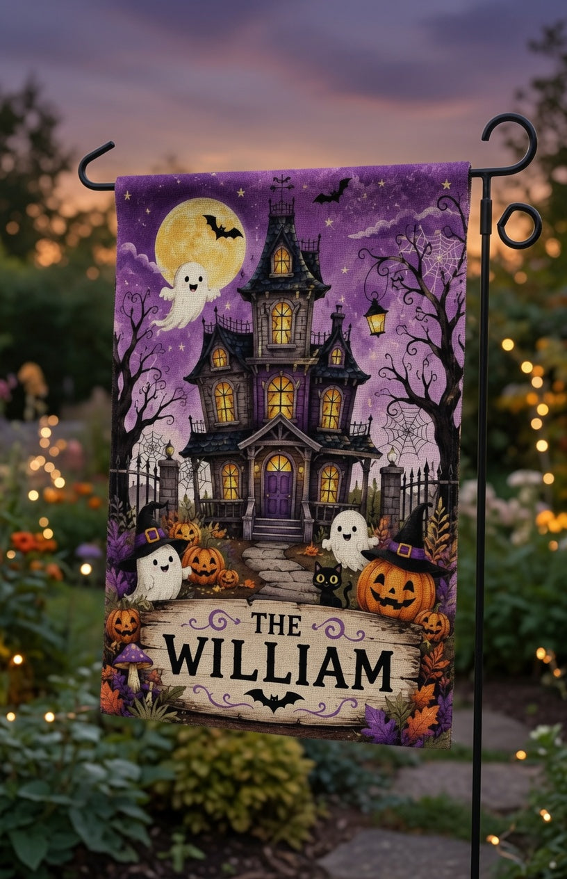 Personalized Halloween Haunted House Garden Flag, Custom Family Name Yard Flag