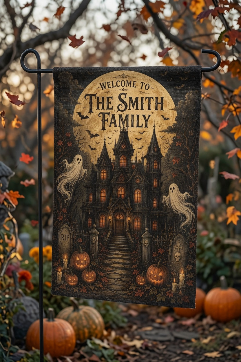 Personalized Halloween Haunted House Flag, Spooky Ghost Welcome Yard Decor