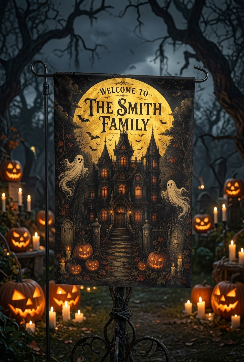 Personalized Halloween Haunted House Flag, Spooky Ghost Welcome Yard Decor