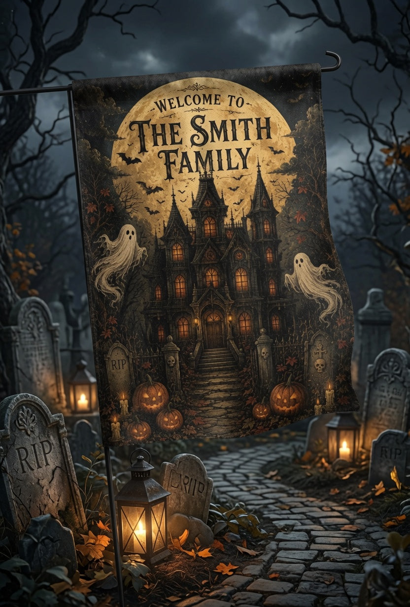 Personalized Halloween Haunted House Flag, Spooky Ghost Welcome Yard Decor