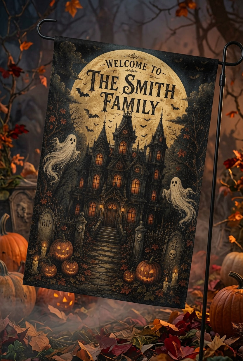 Personalized Halloween Haunted House Flag, Spooky Ghost Welcome Yard Decor