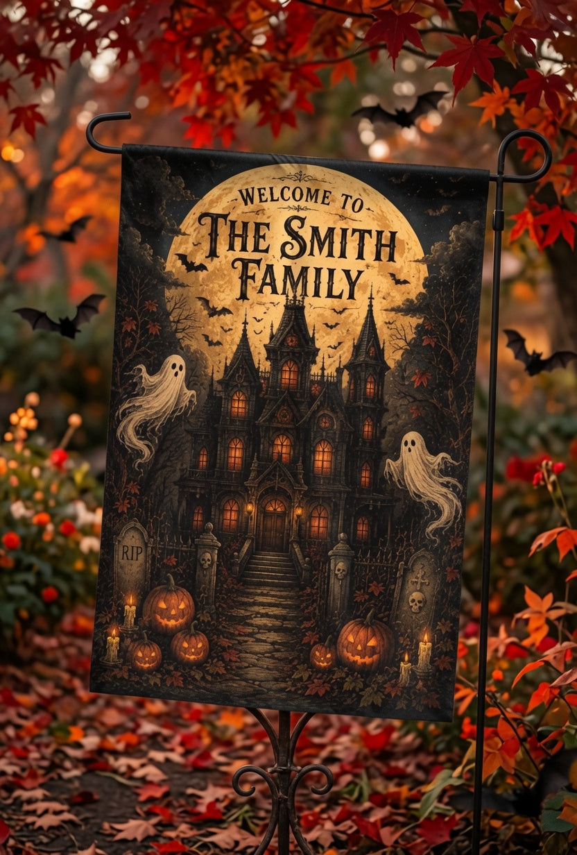 Personalized Halloween Haunted House Flag, Spooky Ghost Welcome Yard Decor