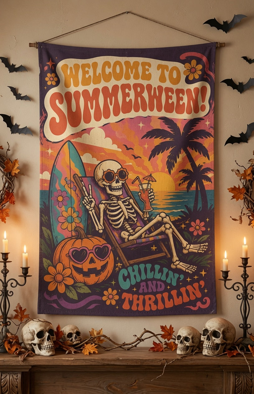 Summerween Garden Flag, Skeleton Halloween Beach Flag, Tropical Halloween Decor, Spooky Summer Yard Flag, Pumpkin Flag