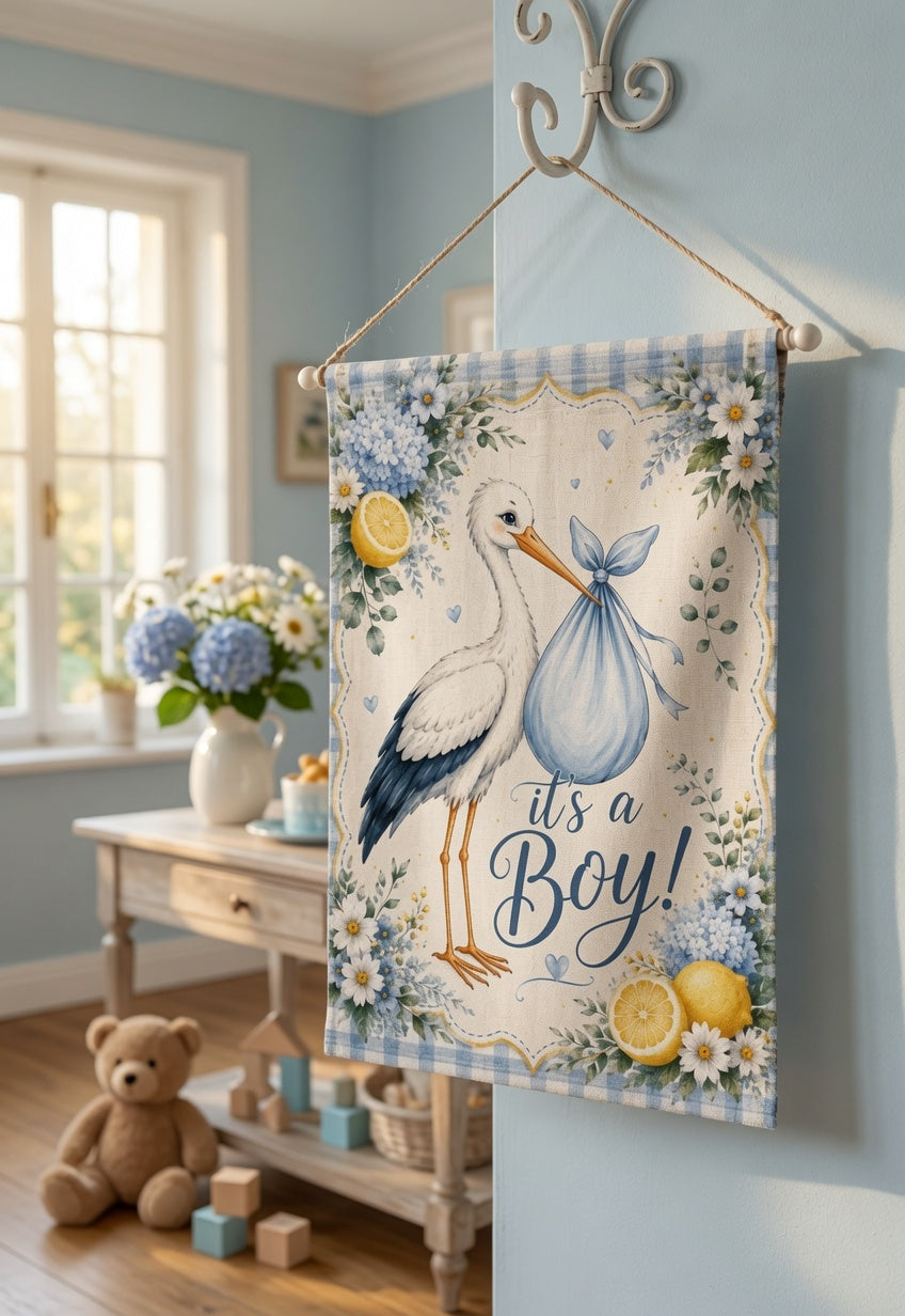 Baby Shower Garden Flag, It's a Boy Garden Flag, Stork Baby Shower Decor, Blue Floral Welcome Baby Yard Flag