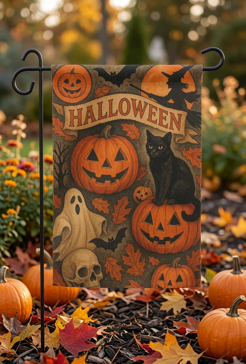 Halloween Garden Flag, Fall Season Outdoor Decor, Black Cat Pumpkin Garden Flag