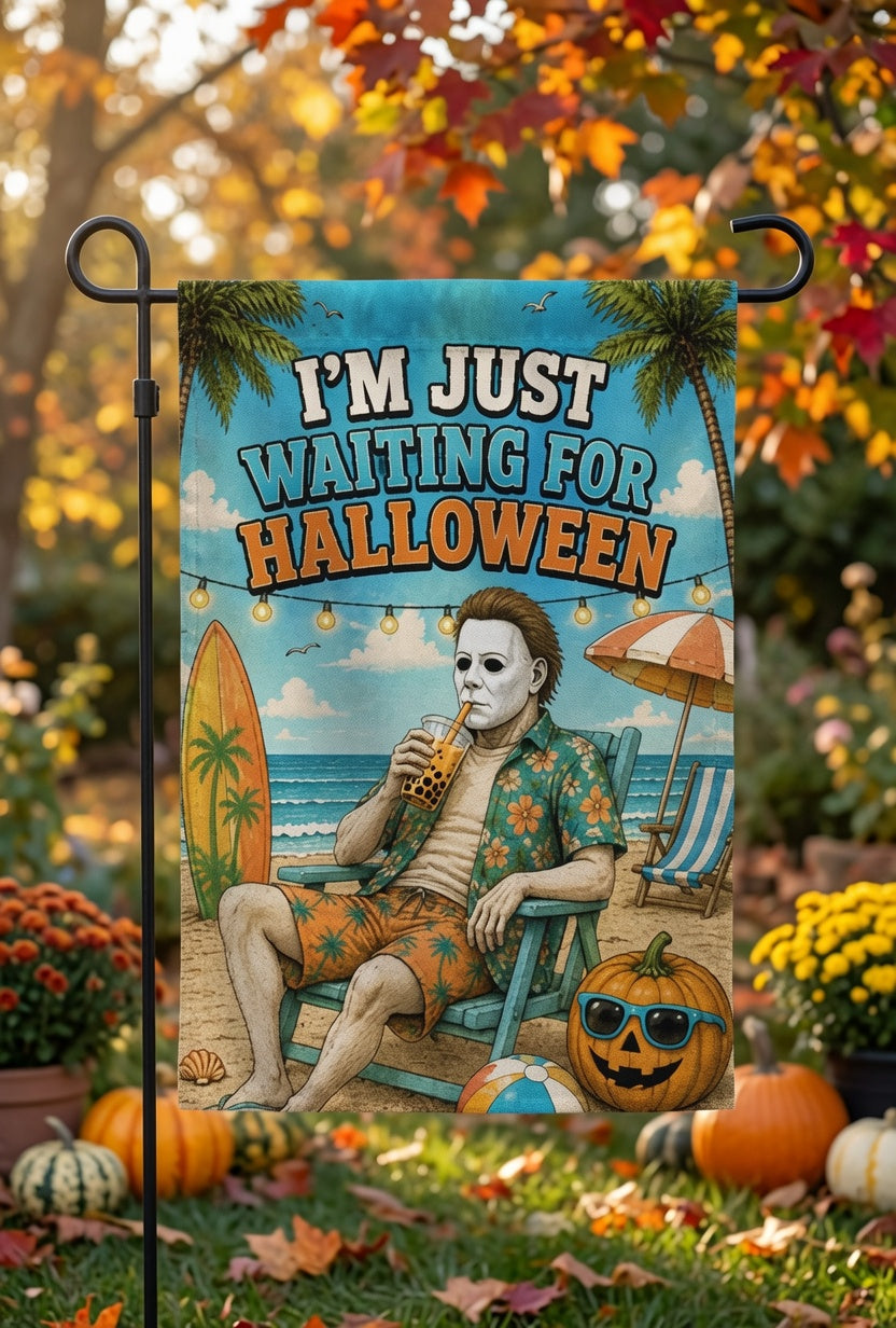 I'm Just Waiting For Halloween Flag, Summerween Garden Flag, Spooky Beach Decor, Halloween Lover Flag, Tropical Halloween Porch Decor