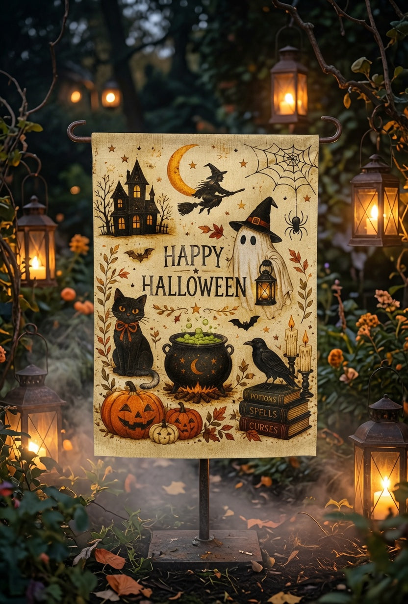 Happy Halloween Garden Flag, Vintage Ghost Witch Garden Flag