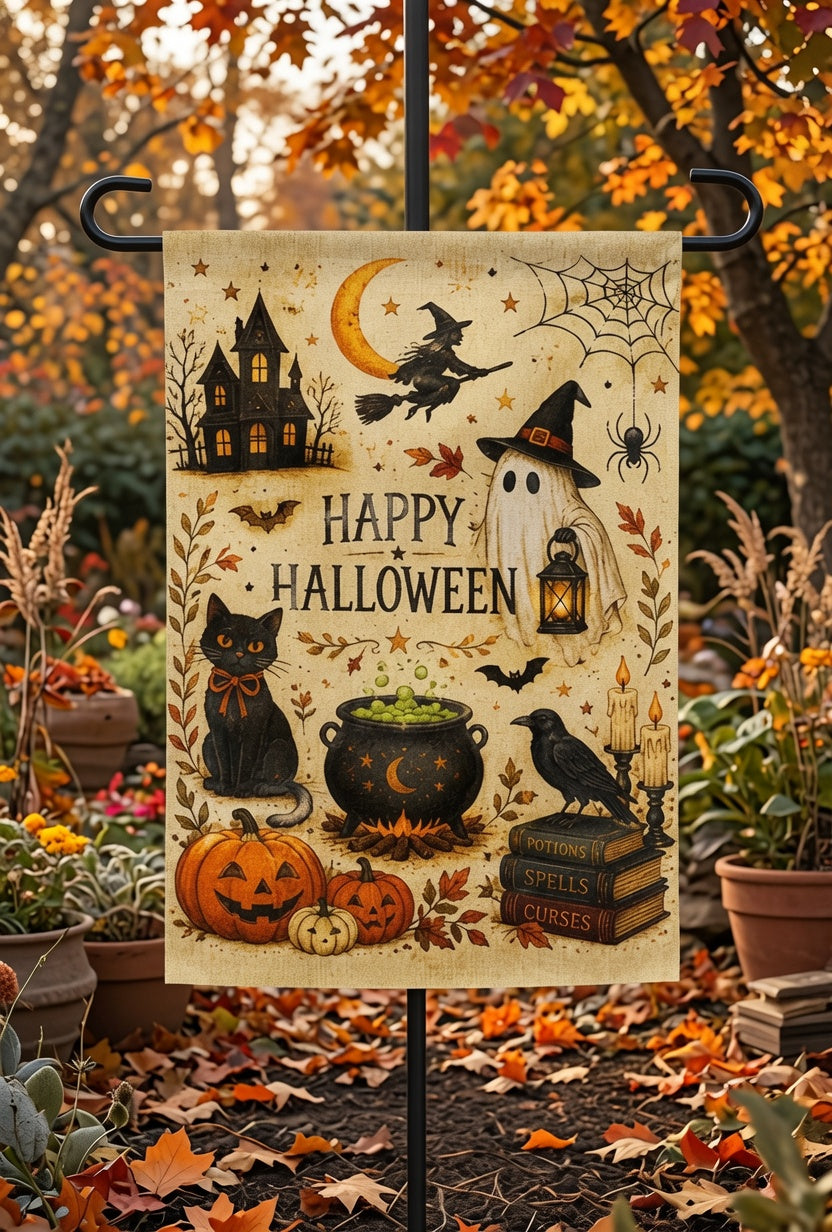 Happy Halloween Garden Flag, Vintage Ghost Witch Garden Flag