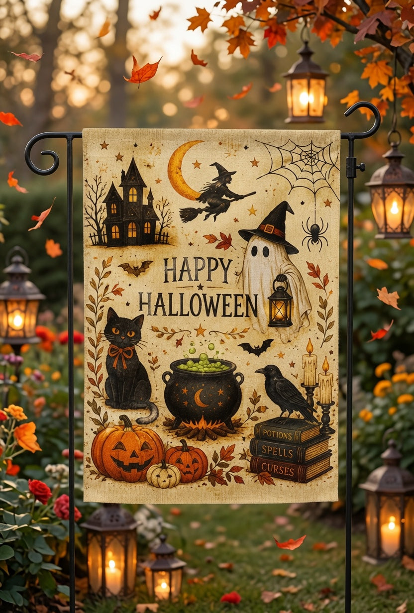 Happy Halloween Garden Flag, Vintage Ghost Witch Garden Flag