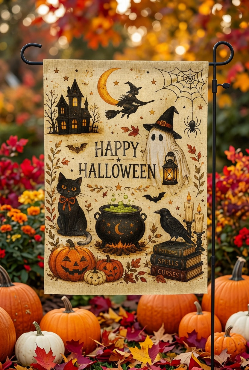 Happy Halloween Garden Flag, Vintage Ghost Witch Garden Flag