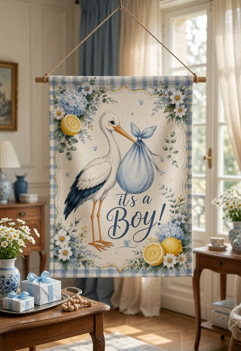 Baby Shower Garden Flag, It's a Boy Garden Flag, Stork Baby Shower Decor, Blue Floral Welcome Baby Yard Flag