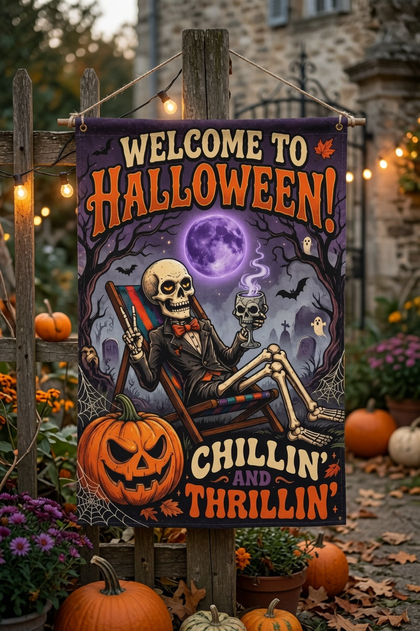 Welcome To Halloween Garden Flag, Chillin And Thrillin Skeleton Yard Flag, Spooky Pumpkin Ghost Outdoor, Funny Halloween Porch Decoration