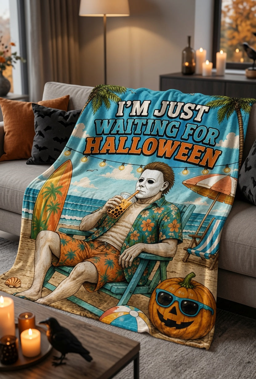 I'm Just Waiting For Halloween Velveteen Blanket, Summerween Fleece Blanket, Spooky Beach Decor, Halloween Lover Blanket, Tropical Halloween Porch Blanket
