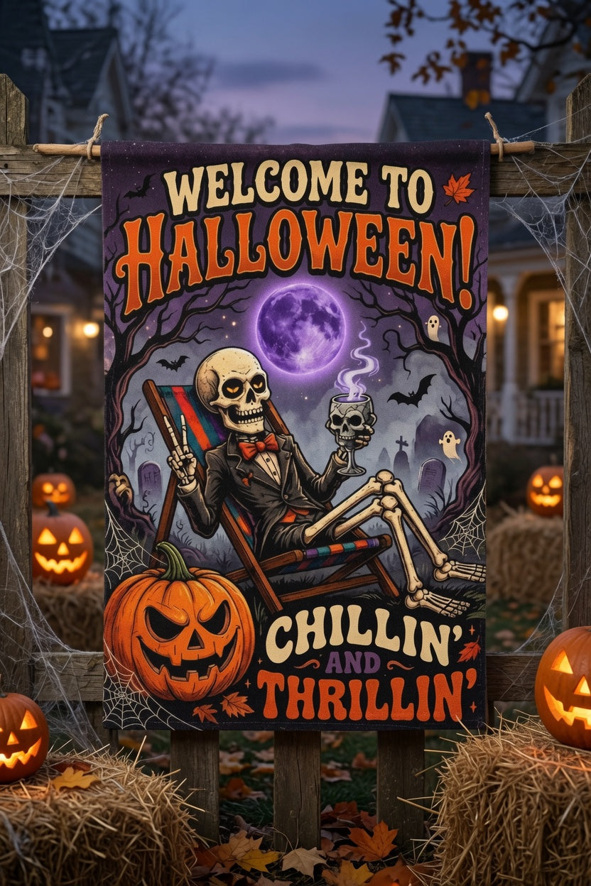 Welcome To Halloween Garden Flag, Chillin And Thrillin Skeleton Yard Flag, Spooky Pumpkin Ghost Outdoor, Funny Halloween Porch Decoration