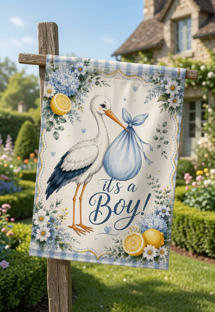 Baby Shower Garden Flag, It's a Boy Garden Flag, Stork Baby Shower Decor, Blue Floral Welcome Baby Yard Flag