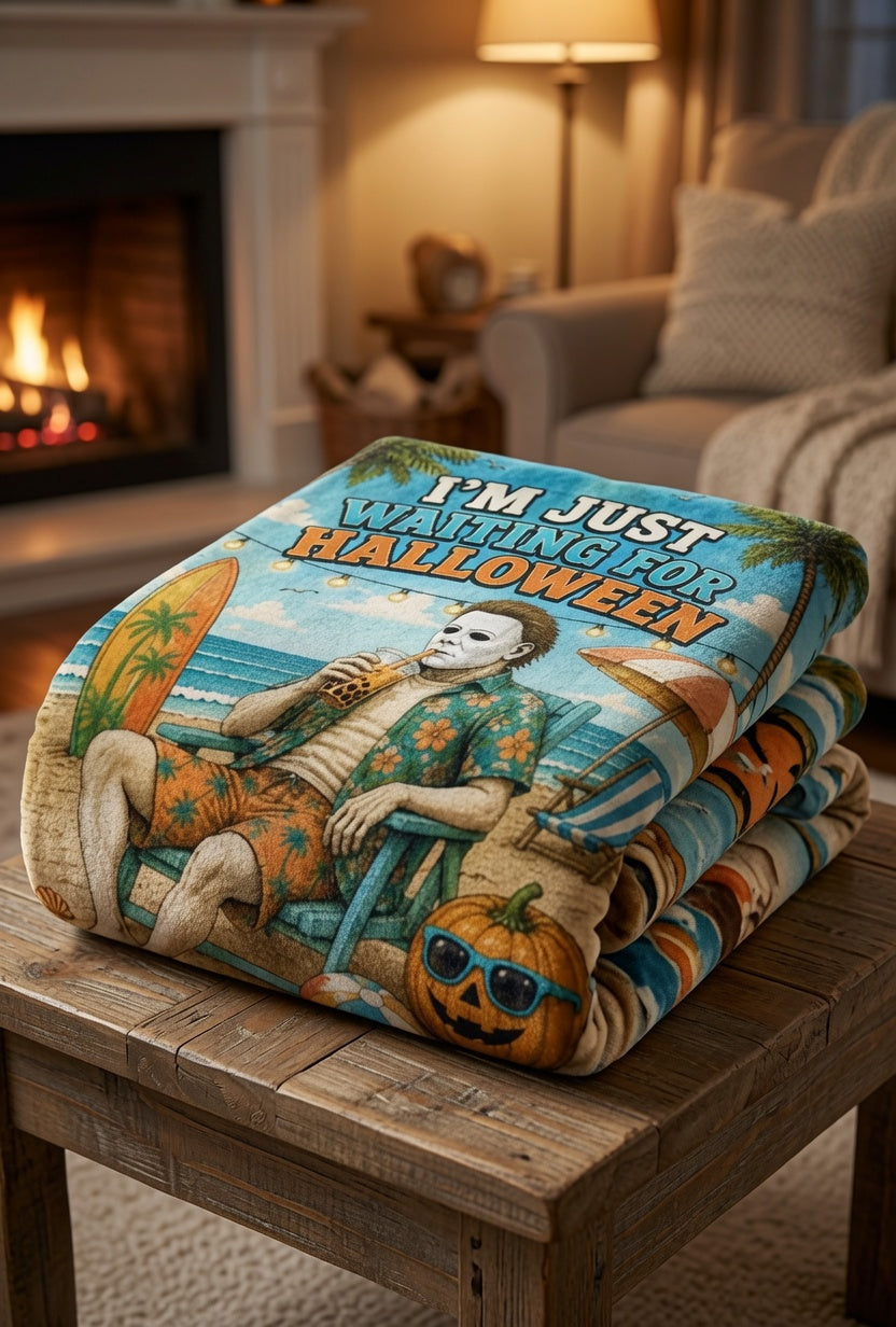 I'm Just Waiting For Halloween Velveteen Blanket, Summerween Fleece Blanket, Spooky Beach Decor, Halloween Lover Blanket, Tropical Halloween Porch Blanket