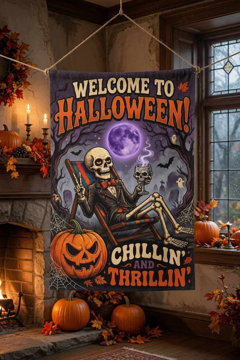 Welcome To Halloween Garden Flag, Chillin And Thrillin Skeleton Yard Flag, Spooky Pumpkin Ghost Outdoor, Funny Halloween Porch Decoration