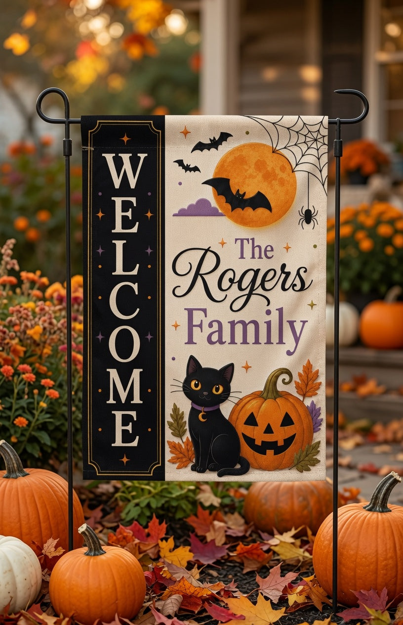Personalized Halloween Garden Flag, Black Cat Pumpkin Family Name Yard Decor, Custom Welcome Porch Flag