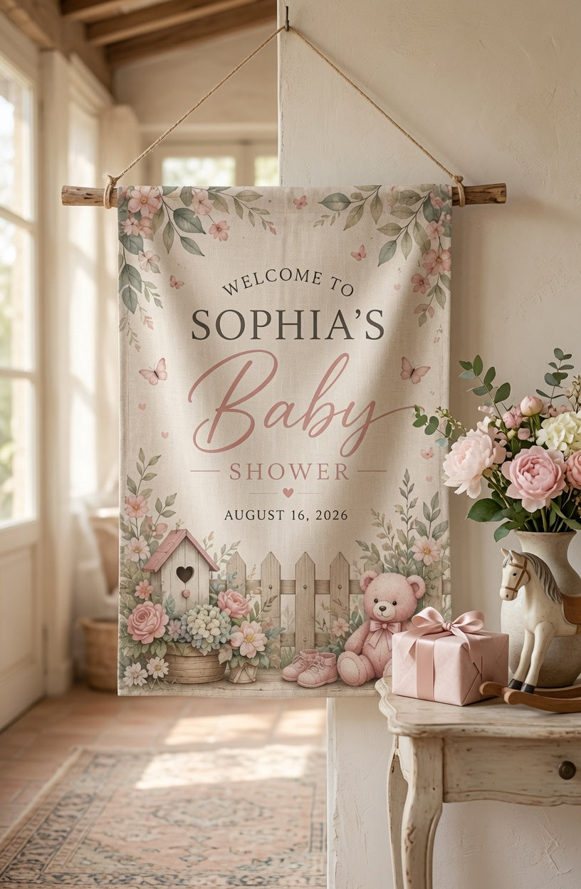 Personalized Wildflower Baby Shower Garden Flag, Custom Name Date Welcome Yard Sign, Floral Boho Baby Shower Party Decor