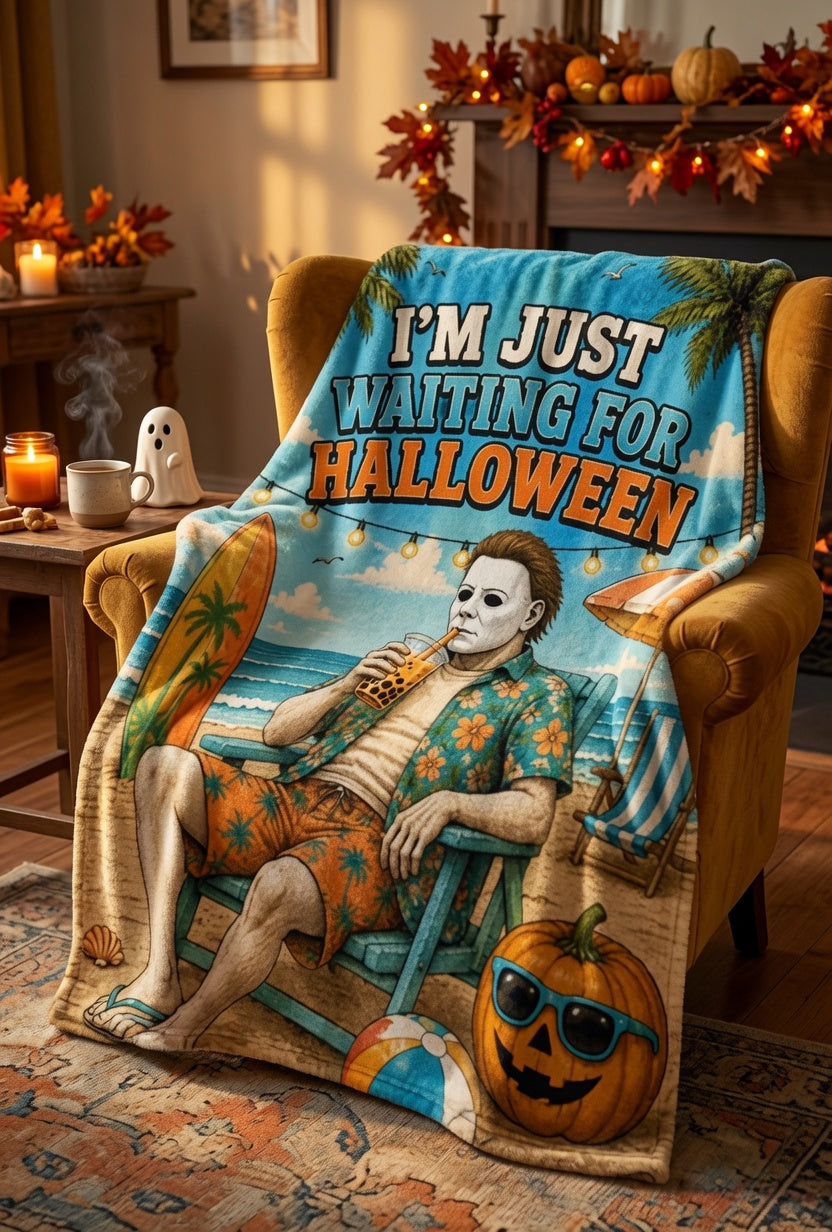 I'm Just Waiting For Halloween Velveteen Blanket, Summerween Fleece Blanket, Spooky Beach Decor, Halloween Lover Blanket, Tropical Halloween Porch Blanket