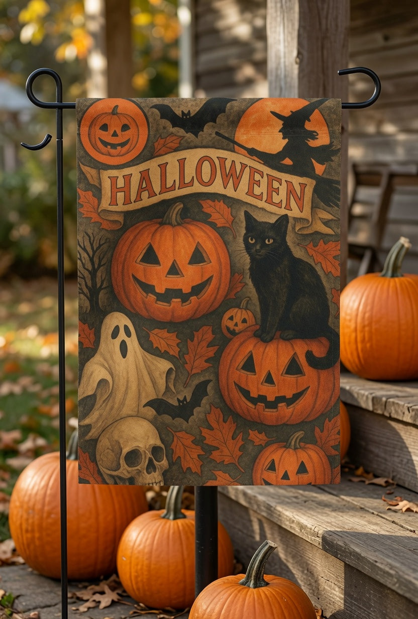 Halloween Garden Flag, Fall Season Outdoor Decor, Black Cat Pumpkin Garden Flag