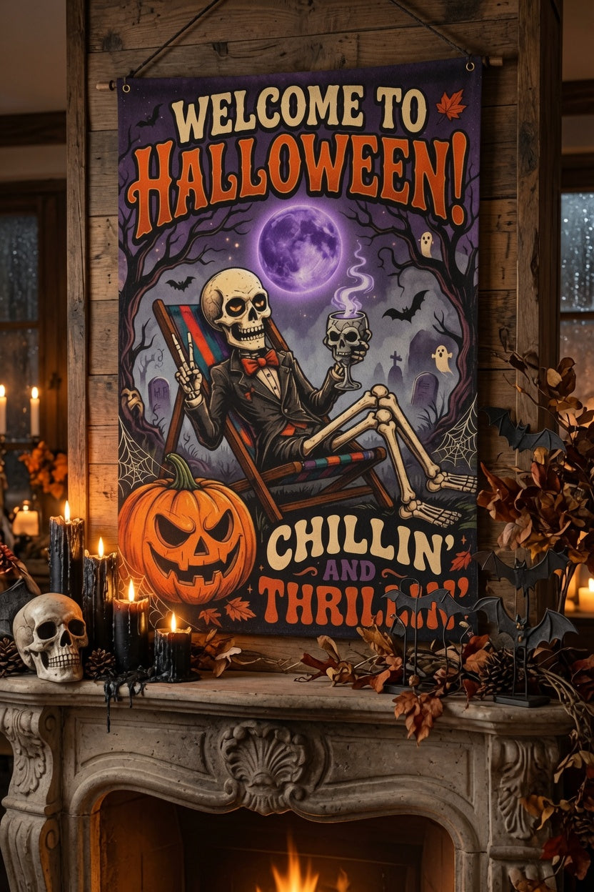 Welcome To Halloween Garden Flag, Chillin And Thrillin Skeleton Yard Flag, Spooky Pumpkin Ghost Outdoor, Funny Halloween Porch Decoration