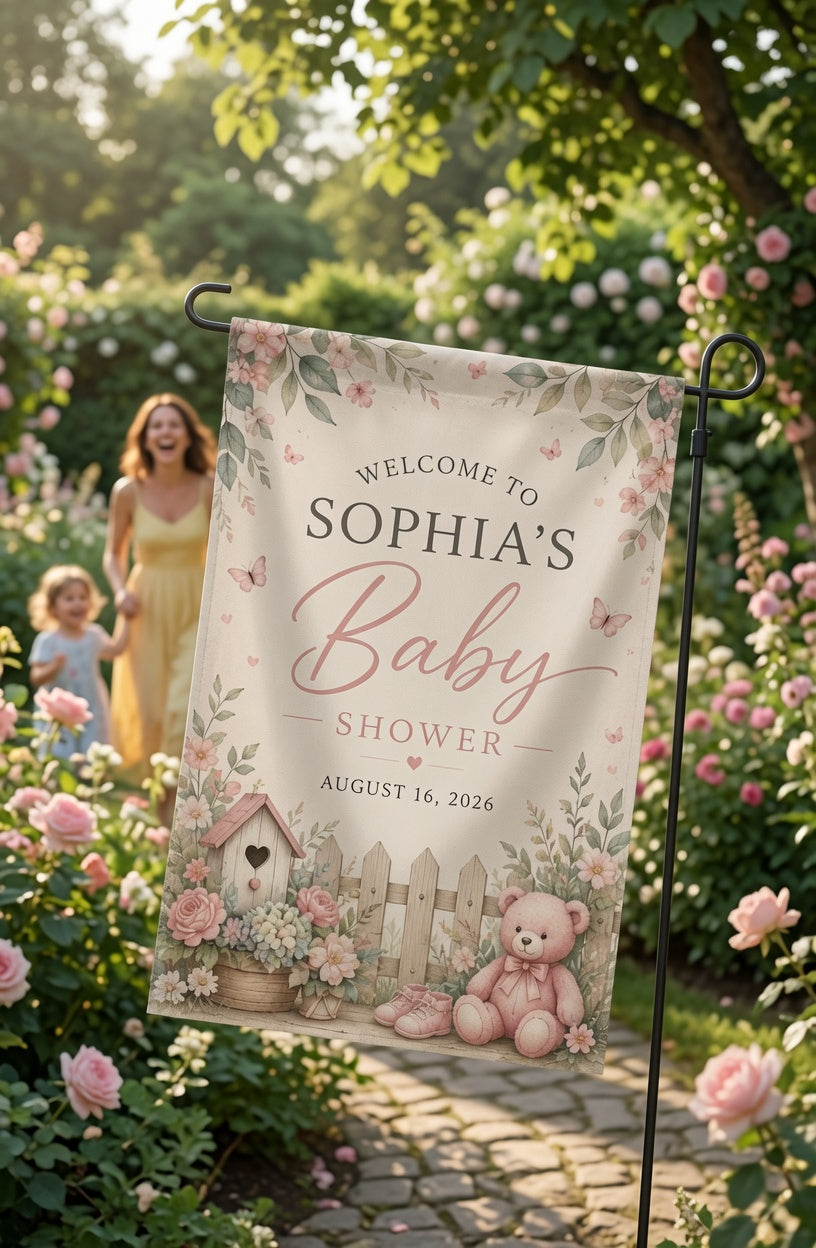 Personalized Wildflower Baby Shower Garden Flag, Custom Name Date Welcome Yard Sign, Floral Boho Baby Shower Party Decor