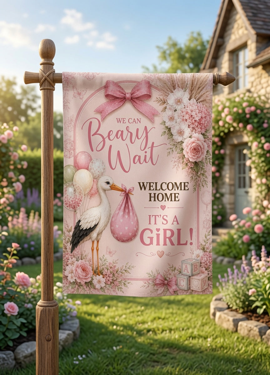 Baby Shower Garden Flag, It's a Girl Garden Flag, We Can Bearly Wait Decor, Pink Floral Welcome Baby Yard Flag