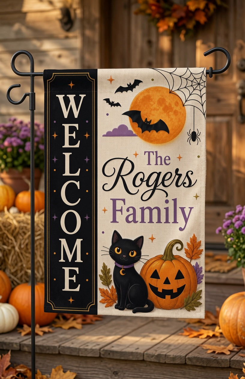 Personalized Halloween Garden Flag, Black Cat Pumpkin Family Name Yard Decor, Custom Welcome Porch Flag