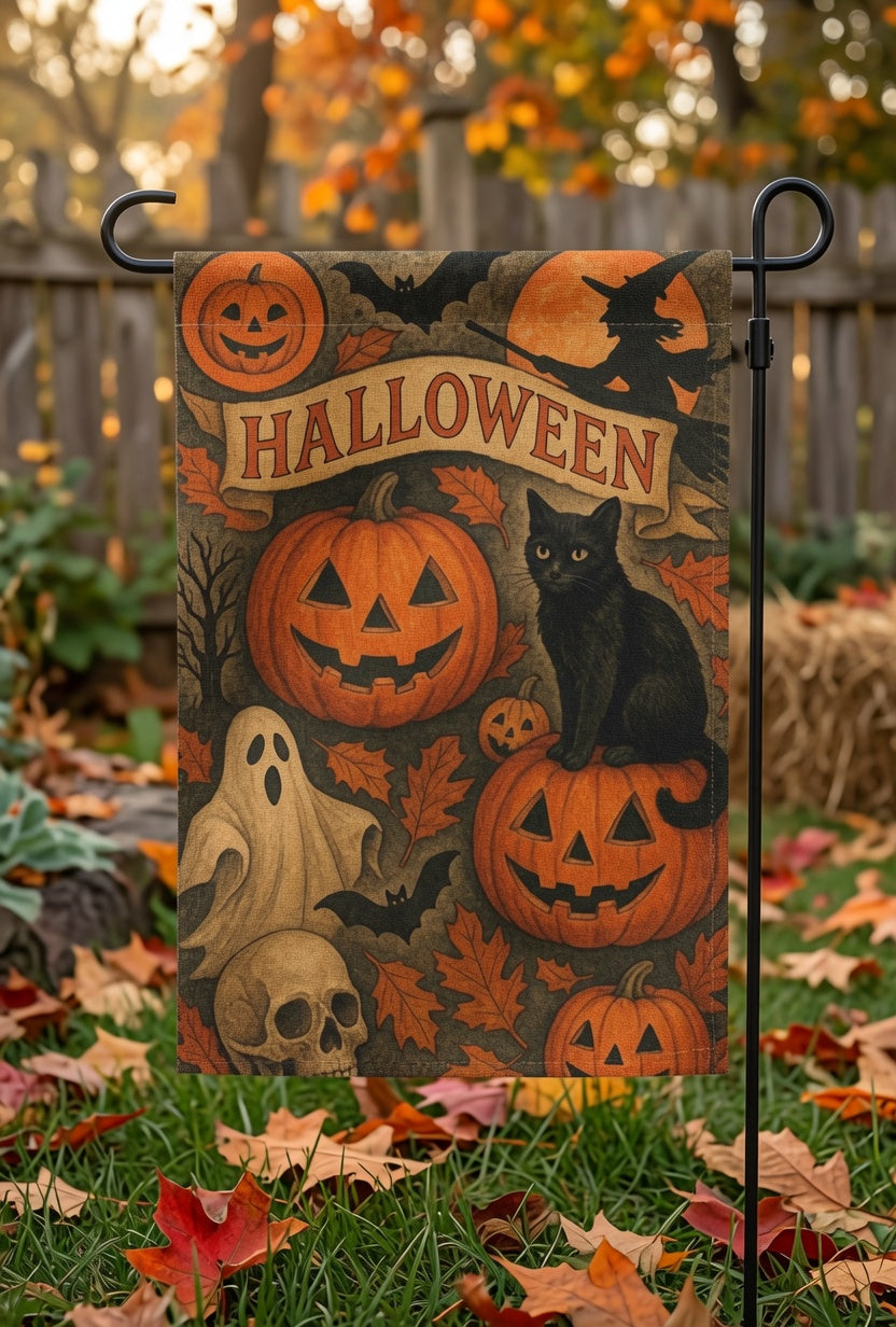 Halloween Garden Flag, Fall Season Outdoor Decor, Black Cat Pumpkin Garden Flag