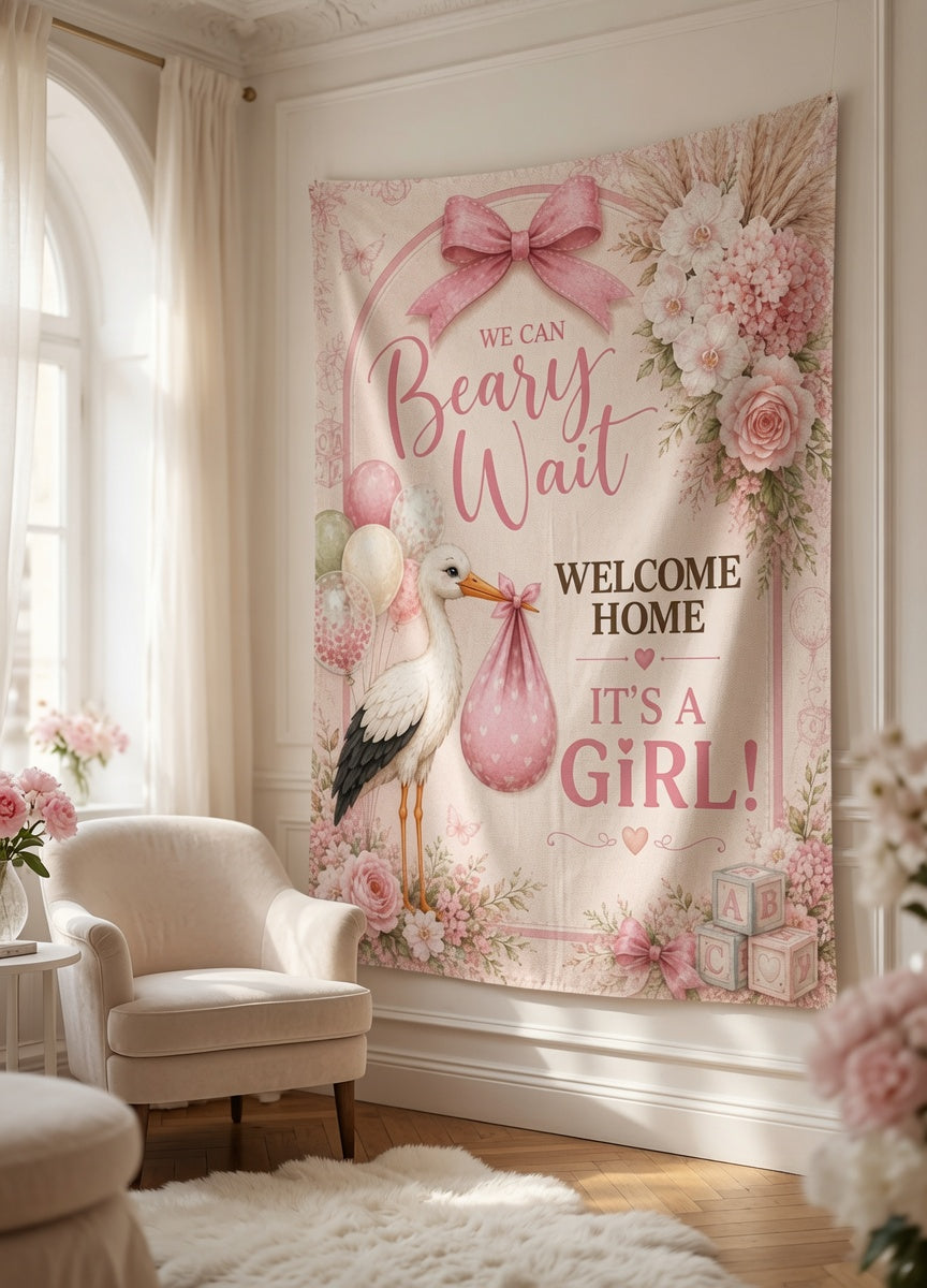 Baby Shower Garden Flag, It's a Girl Garden Flag, We Can Bearly Wait Decor, Pink Floral Welcome Baby Yard Flag