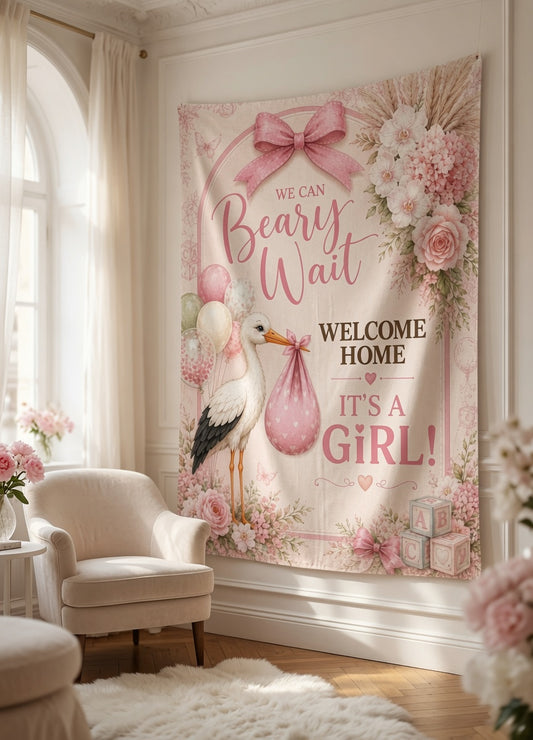 Baby Shower Garden Flag, It's a Girl Garden Flag, We Can Bearly Wait Decor, Pink Floral Welcome Baby Yard Flag