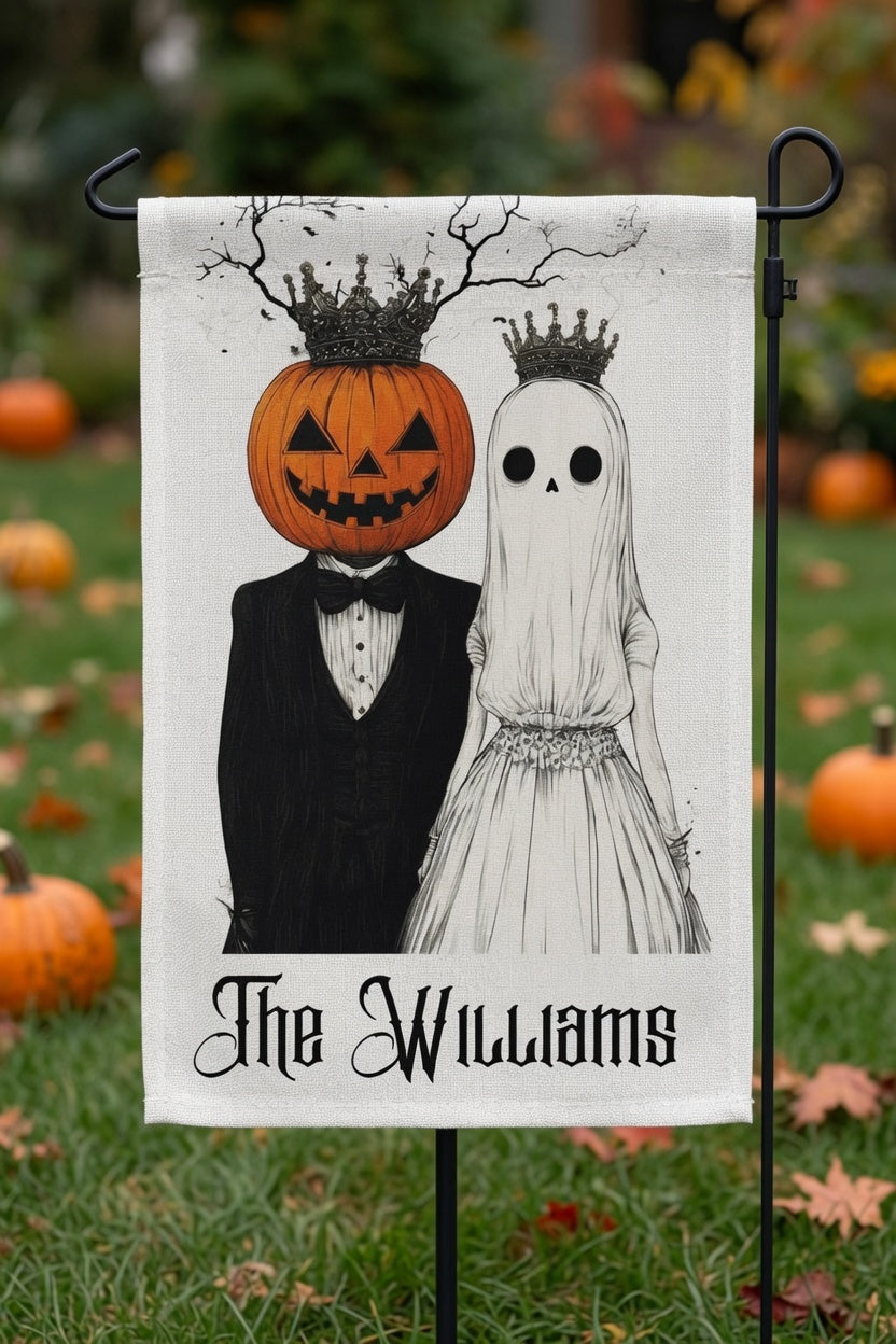 Halloween Couple Garden Flag | Custom Family Name Pumpkin Ghost Crown Yard Flag