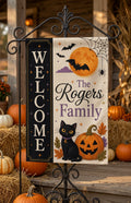 Personalized Halloween Garden Flag, Black Cat Pumpkin Family Name Yard Decor, Custom Welcome Porch Flag