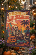 Summerween Garden Flag, Skeleton Halloween Beach Flag, Tropical Halloween Decor, Spooky Summer Yard Flag, Pumpkin Flag